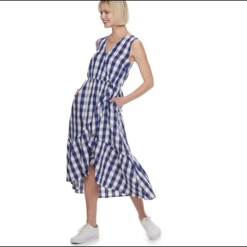 Popsugar blue white gingham check ruffle dress XS